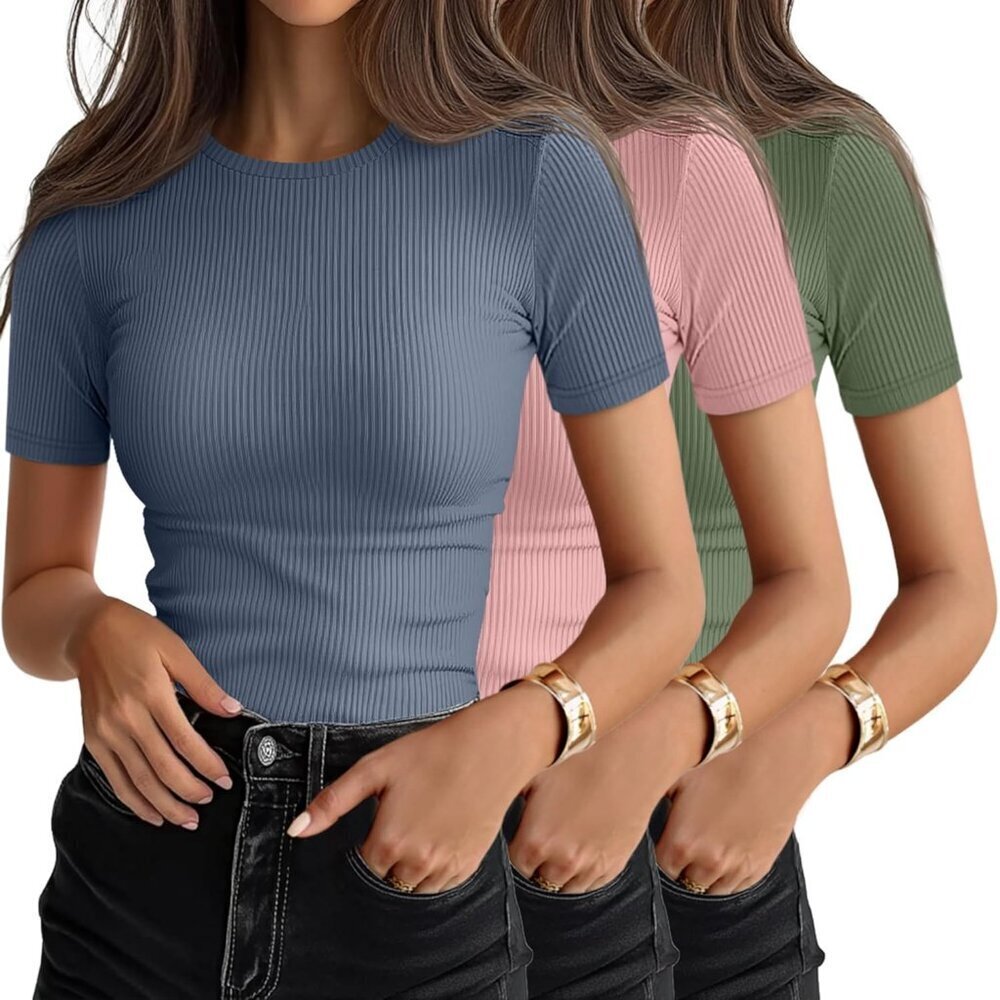 3 Pack Women's Cotton Ribbed T-Shirts Basic Crewneck Fitted Tops Casual